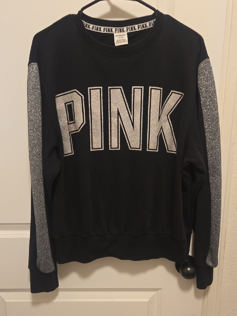 Victoria's Secret PINK Black Sweatshirt with Silver Glitter Logo Trim